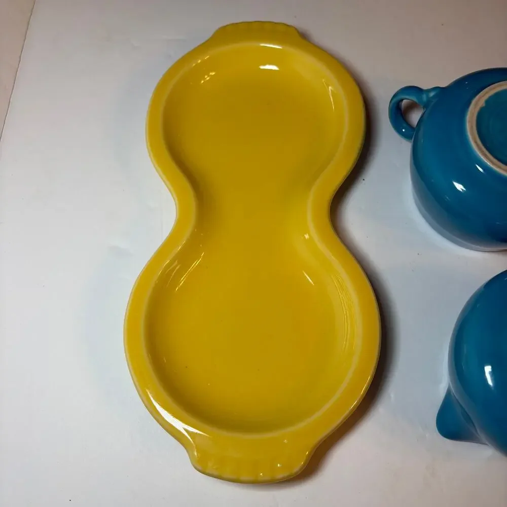 Fiesta Fiestaware Sugar & Creamer Set w Figure 8 Tray Yellow & Blue Mix n Match